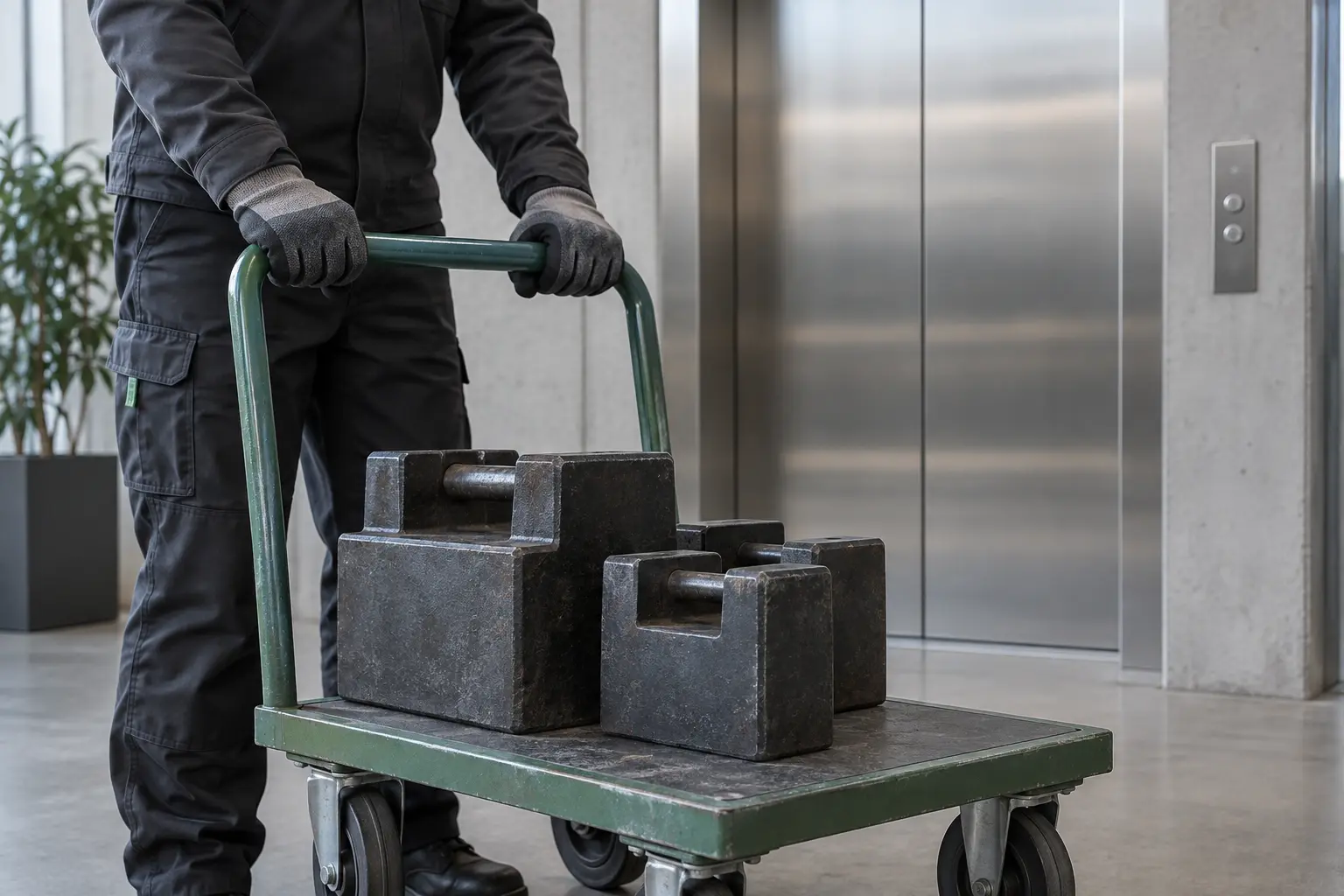 Hände an einem Transportwagen mit Prüfgewichten