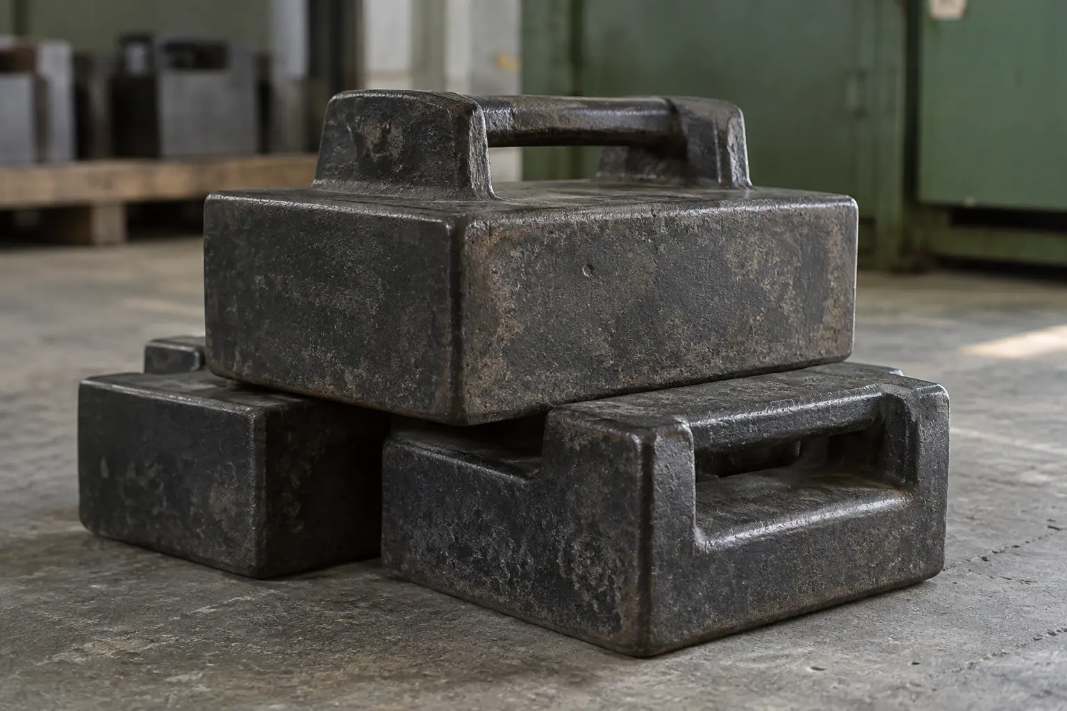 Detail metallischer Prüfgewichte mit Griffen