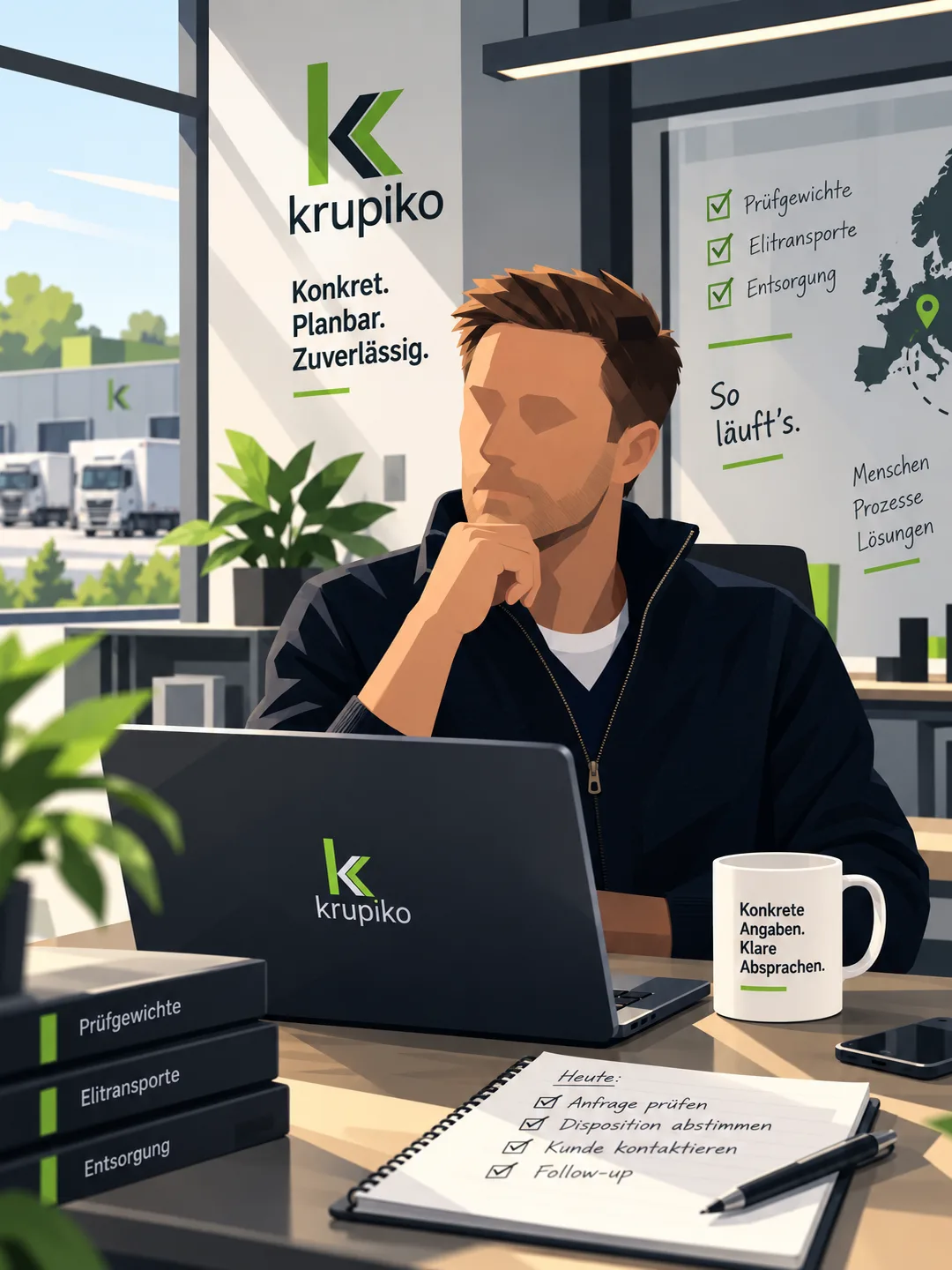 Illustration von Thomas, Mitinhaber und Prokurist bei Krupiko, am Schreibtisch